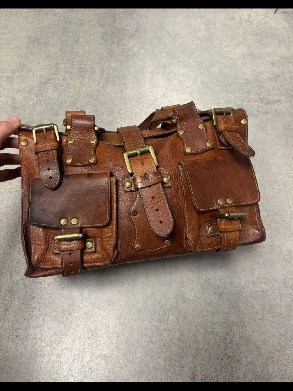 Mulberry Tan/Brown Leather Satchel with Buckle Pockets